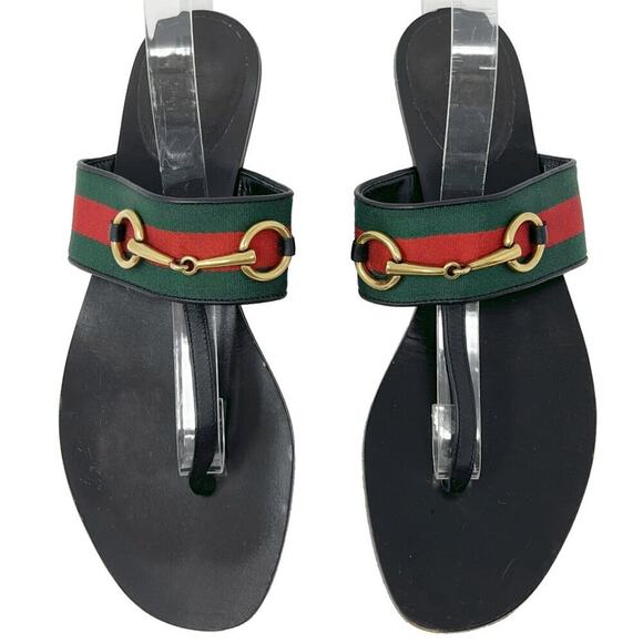 Gucci Shoes - Gucci Web Horsebit Black Leather Thong Sandals Green‑Red Strap 38.5 EU